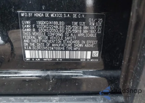 2025 Honda Hr-V Awd Sport from USA, damaged, VIN 3CZRZ2H52SM768646